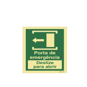 Sinalética Porta de Emergência. Deslize para Abrir (Esquerda) - E0423