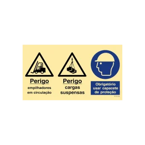 Sinalética Perigo Empilhadores em Circulação/Perigo Cargas Suspensas/Uso Obrigatório de Capacete de Proteção – OB0400